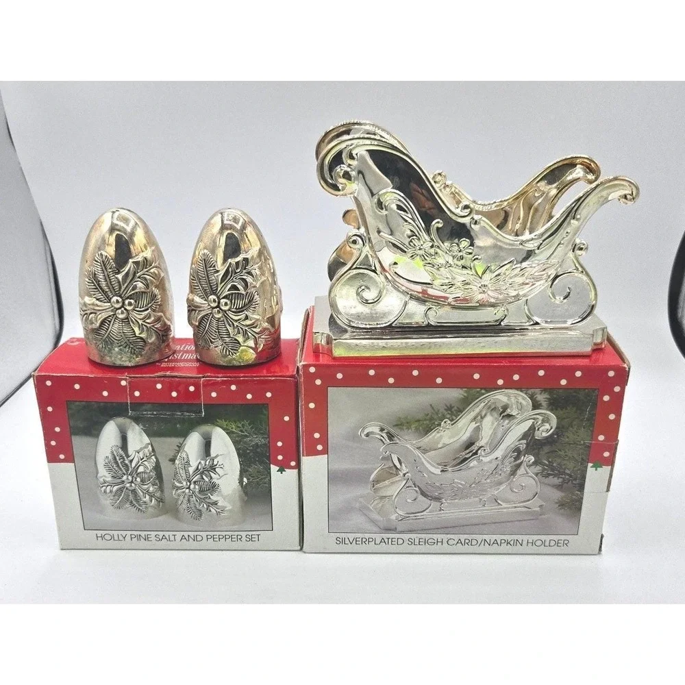 International Silver Co. Christmas Sleigh Napkin Holder & Holly Shakers
